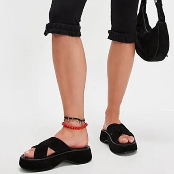 Free People Black Suede Leather Asbury Flatform Slides Size 9 - Picture 1 of 9